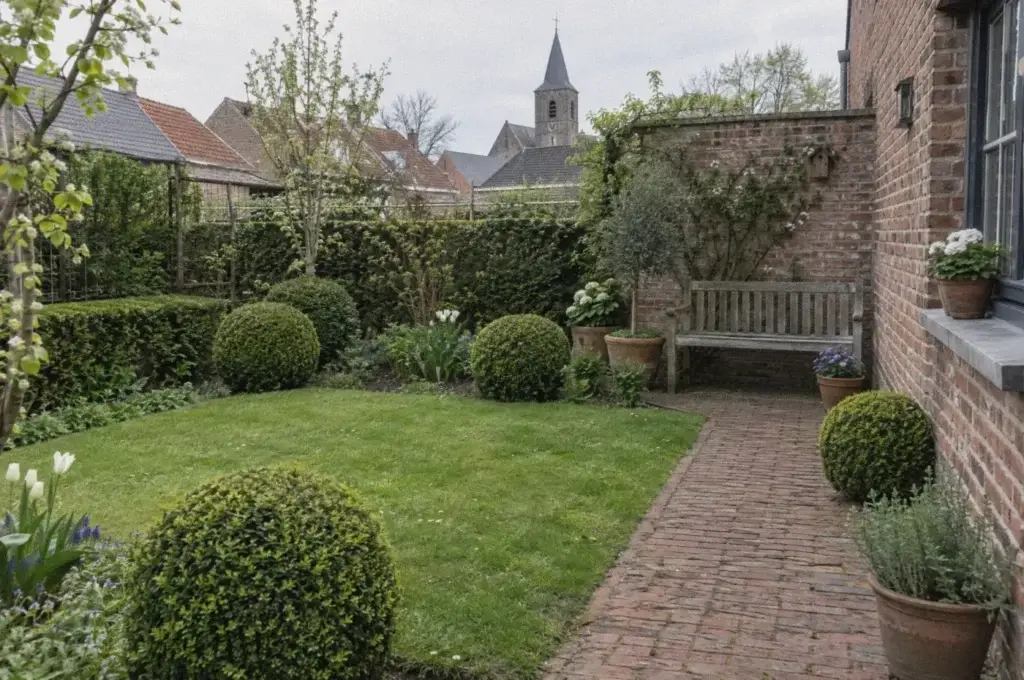 Dorpstuin met buxusbollen en een pad van oude klinkers