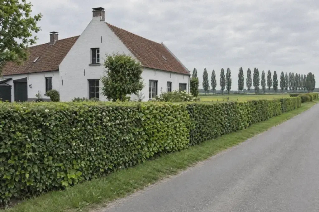 Geschoren haag langs een landweg bij een Kempense hoeve