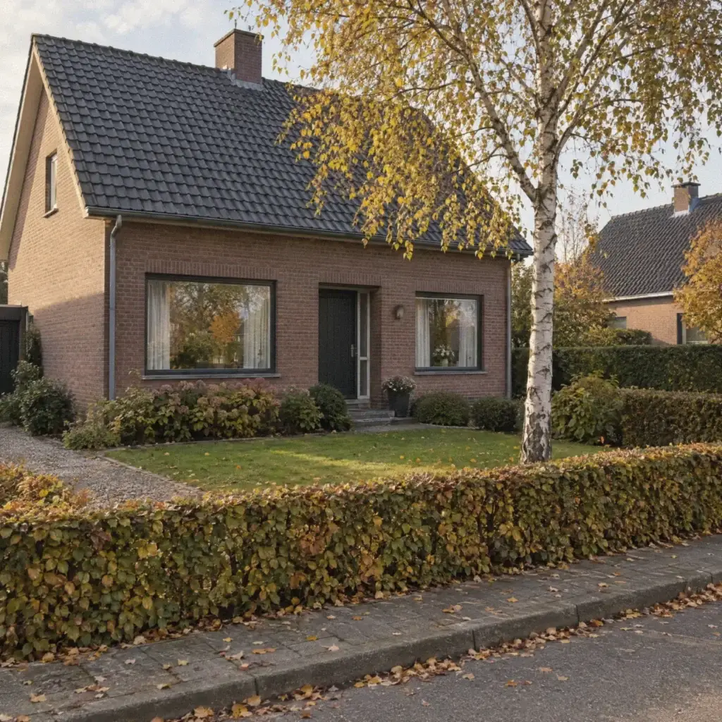 Onderhouden voortuin van een Kempense woning met lage beukenhaag
