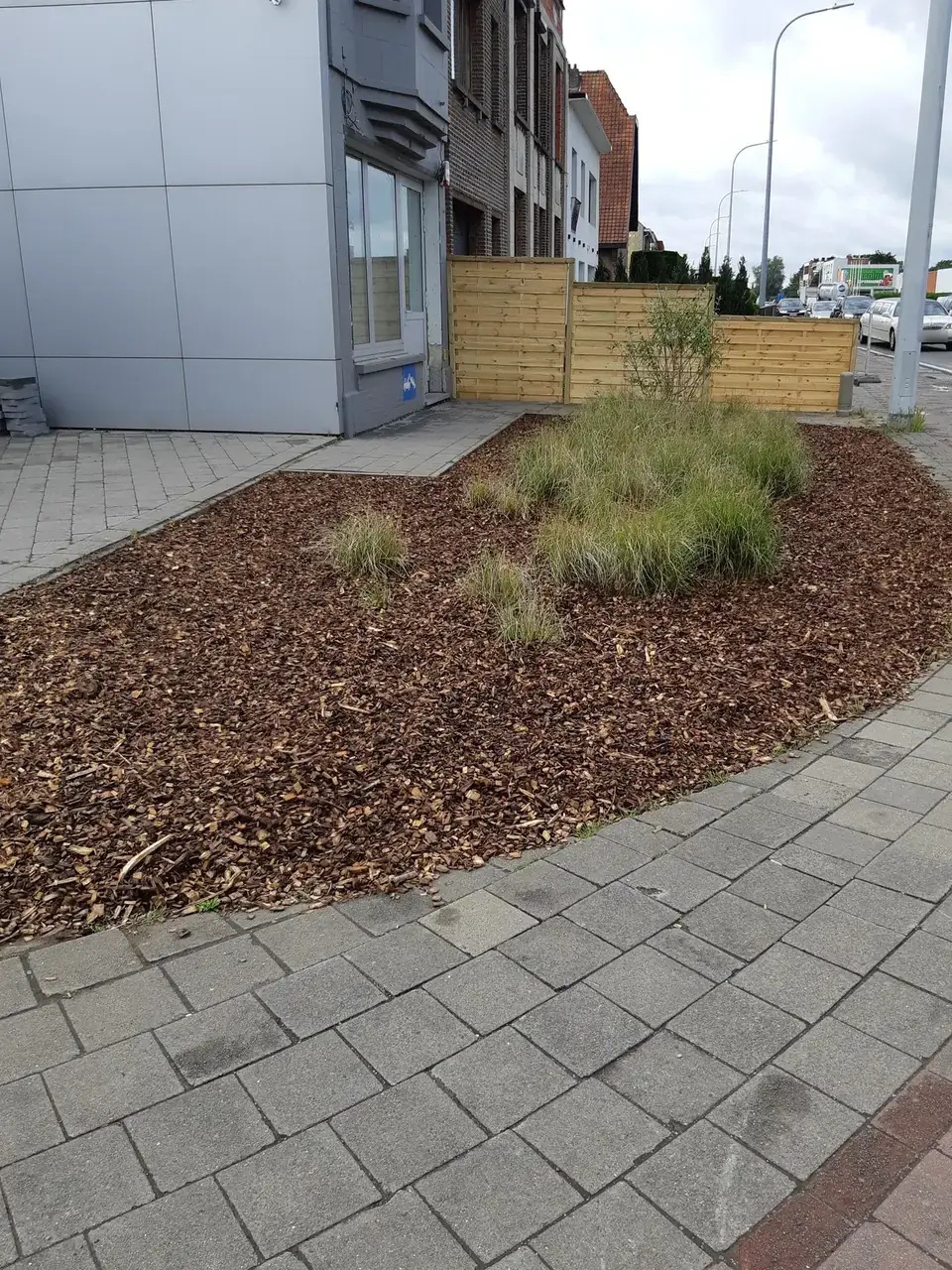 Plantvak langs de steenweg afgedekt met houtsnippers, siergrassen vrijgemaakt