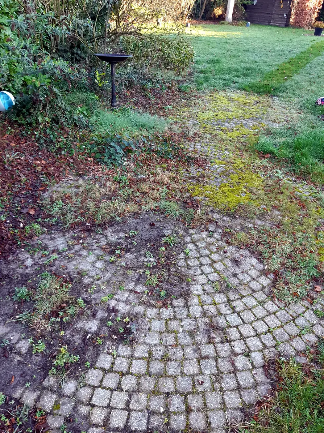 Rond terras in kasseien vol mos en onkruid voor de reiniging